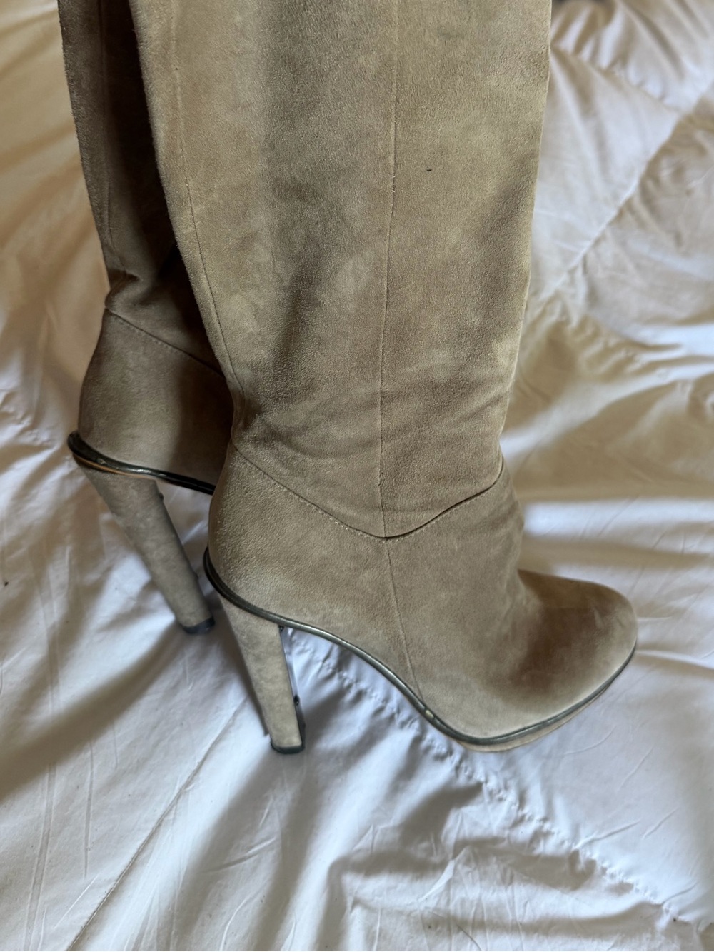 BCBG Neptune Knee-High Suede Platform Heel Boots - Taupe - Picture 8 of 11